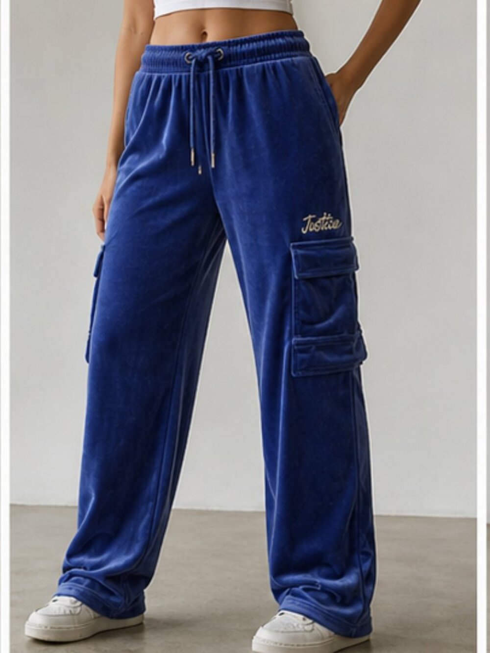 Girls Velour Cargo Pants Blue Size L 12 14 Teen Lounge Wide Leg Pants